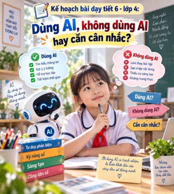 Kế hoạch bài dạy tiết 6 - lớp 4 soạn theo Khung AI 2422: Dùng AI, không dùng AI hay cần cân nhắc?