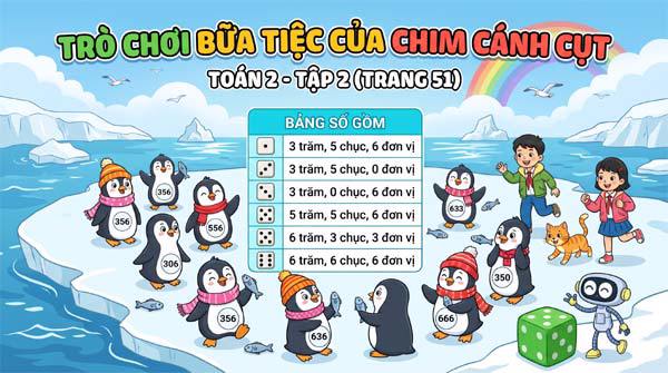 Trò chơi bữa tiệc chim cánh cụt. Toán 2 trang 54 tập 2